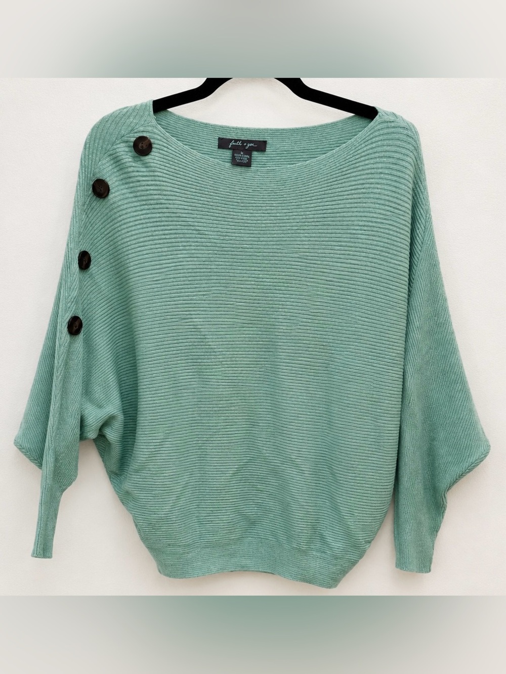 Faith & Zoe Mint Green Ribbed Dolman Sweater Button Shoulder Top Medium